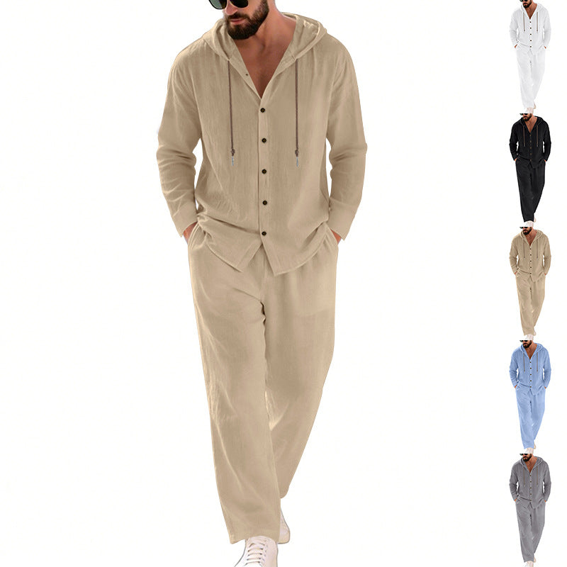 Men's two-piece lounge set with button hoodie shirt made of crepe jersey and straight drawstring pants Mune Fashion