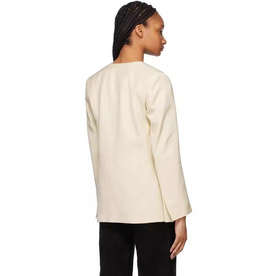 Women Collarless Long Blazer with Open Fall and Cape Effect Mune Fashion