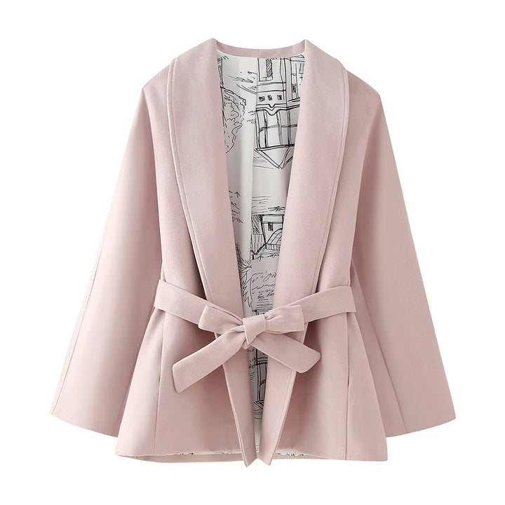 Women’s short jacket with wide shawl collar, tailored tie belt and patterned lining Mune Fashion
