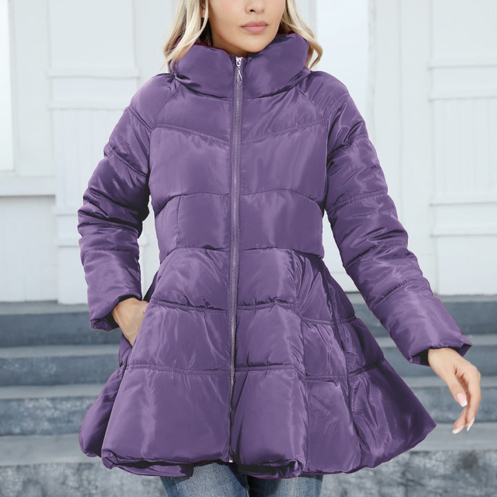 Ladies Padded Quilted Coat with Flared Peplum and Stand-Up Collar Mune Fashion