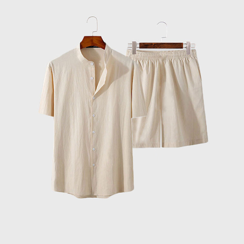 Men's two-piece summer leisure ensemble with open shirt collar and loose knee-length shorts Mune Fashion