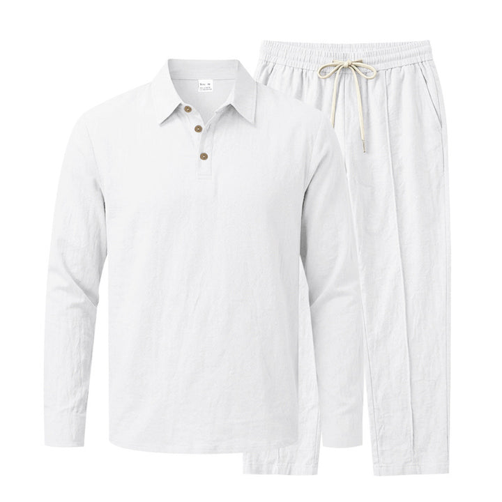 Men's Casual Linen Look Loungewear Set with Henley Collar and Drawstring Waist Mune Fashion