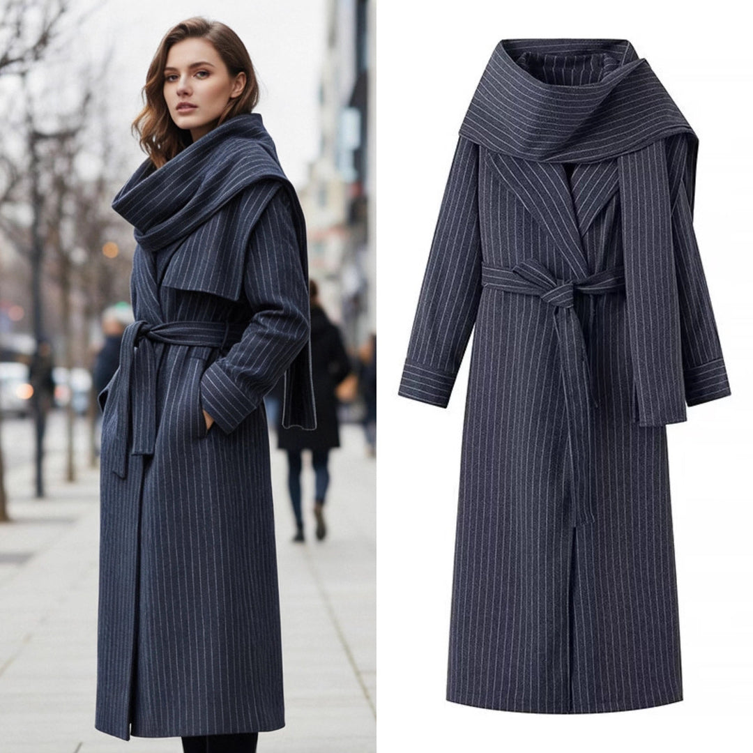 Women’s long coat with oversized shawl collar, belt at the waist and pinstripes Mune Fashion