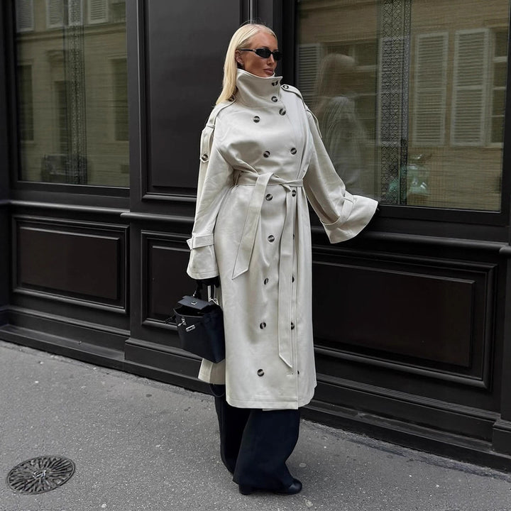 Women's Double-Breasted Leather-Look Coat with High Standing Collar and Tie Belt Mune Fashion