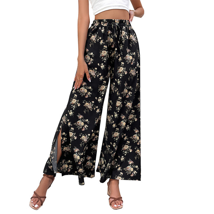 Women Lightweight Palazzo Pants made of Viscose Blend with Elastic Waistband, Drawstring and Side Leg Slits Mune Fashion