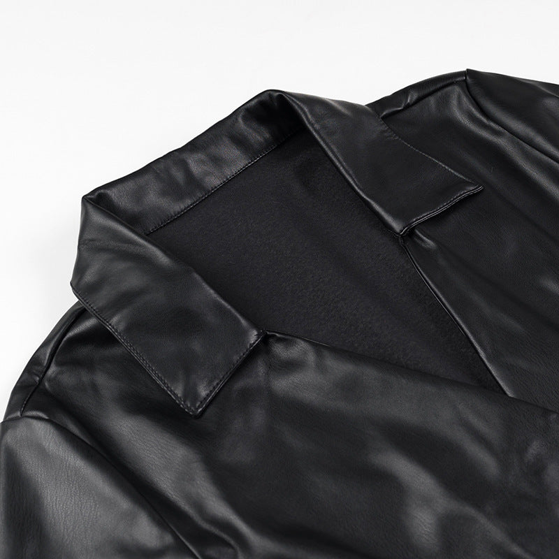 Women's Wrap Faux Leather Mini Dress with Shirt Collar, Gathered Waistline and Cuffs Mune Fashion