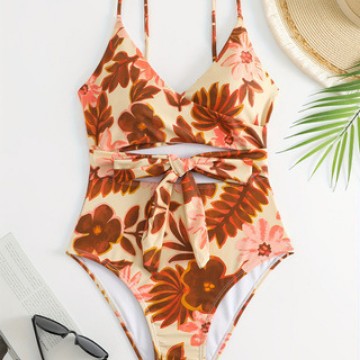Women Elegant Flower Pattern One-Piece Swimsuit Mune Fashion