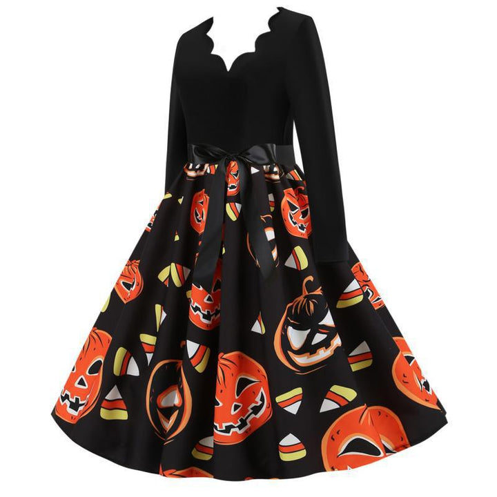 Women Vintage A-Line Dress with Wavy Neckline, Waist Sash and Pumpkin Print Mune Fashion