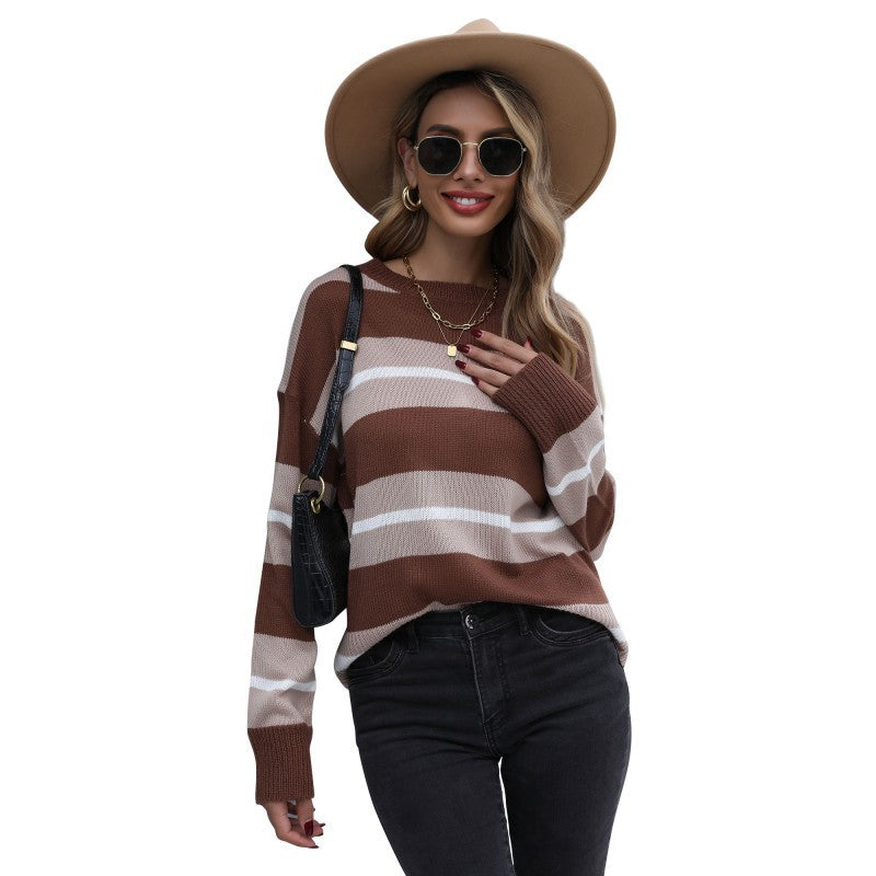 Women's Striped Fine Knit Sweater with Round Neck and Casual Oversized Fit Mune Fashion