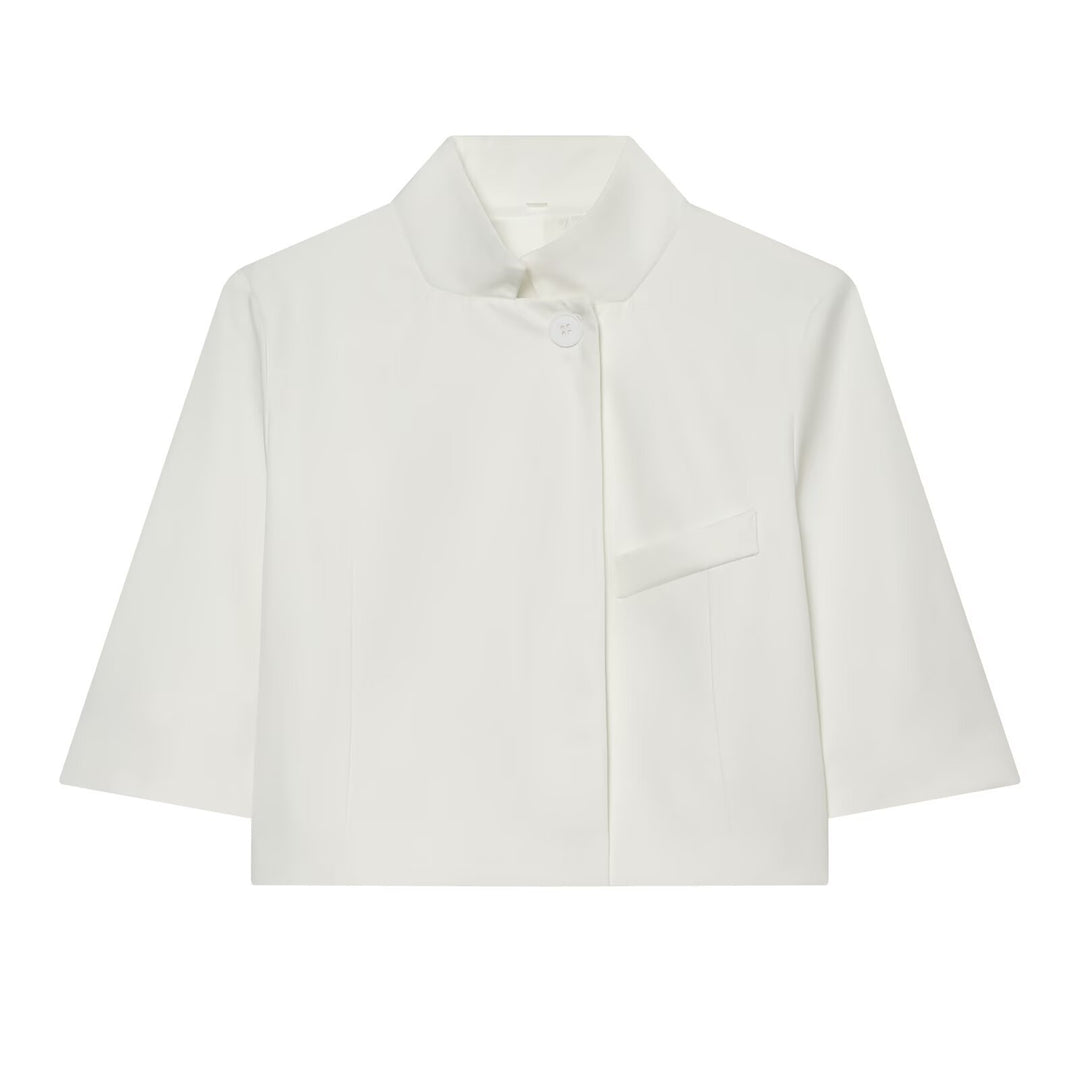 Women's Cropped Boxy Jacket with Stand Collar and Three-Quarter Sleeves Mune Fashion