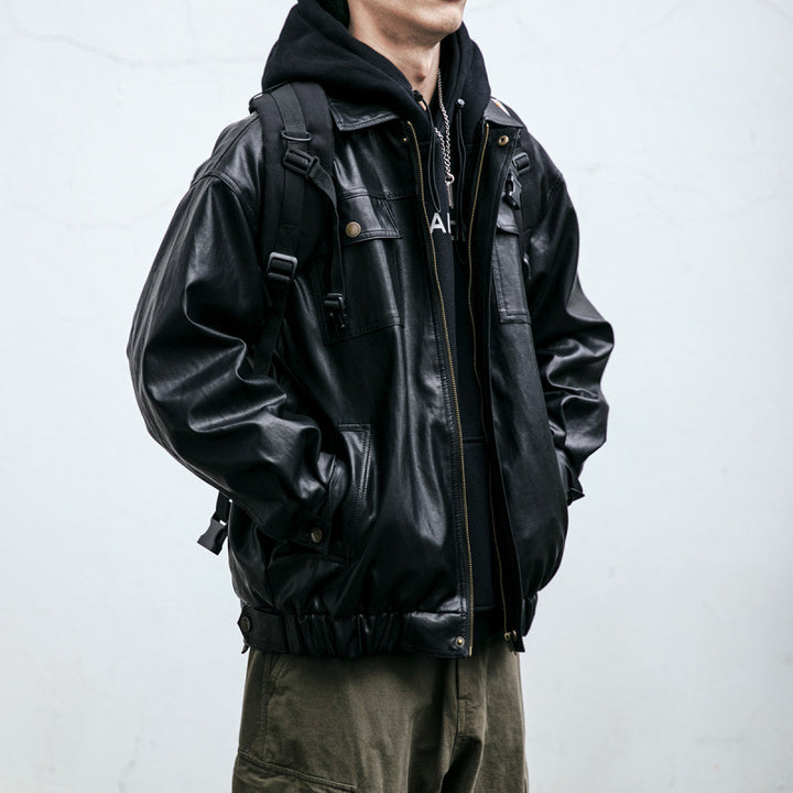 Men's Oversized Leather Look Utility Jacket with Flap Pockets and Elastic Hem Mune Fashion