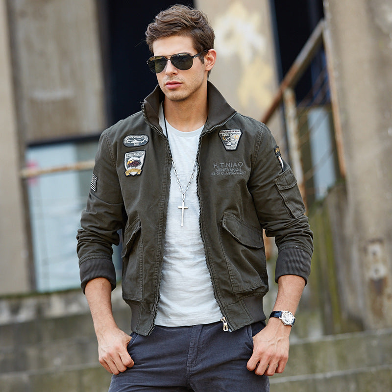 Men's short-cut bomber jacket made of canvas with emblem patches and arm pocket Mune Fashion