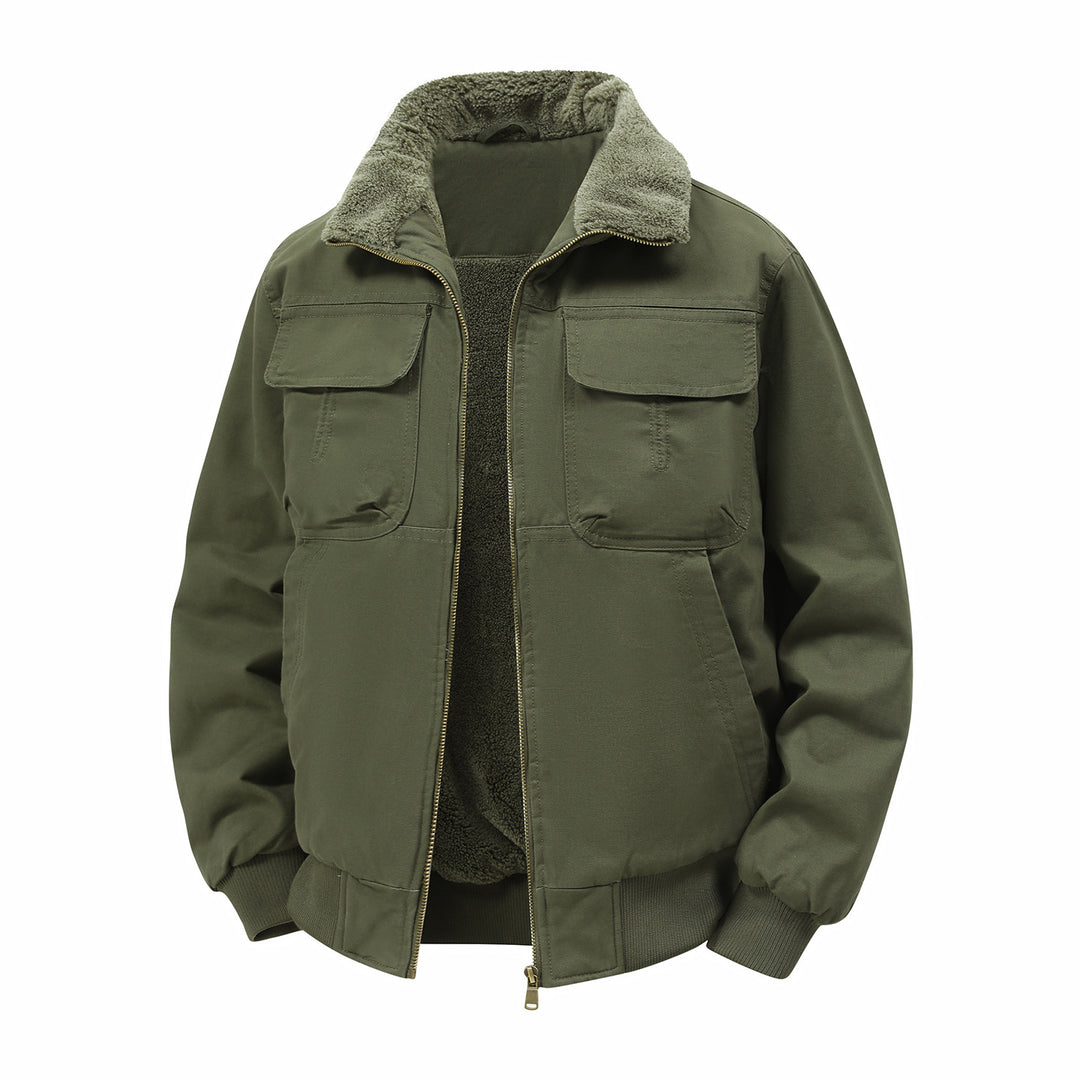 Men's thermo bomber jacket in field style with teddy collar, patch chest pockets & zipper closure