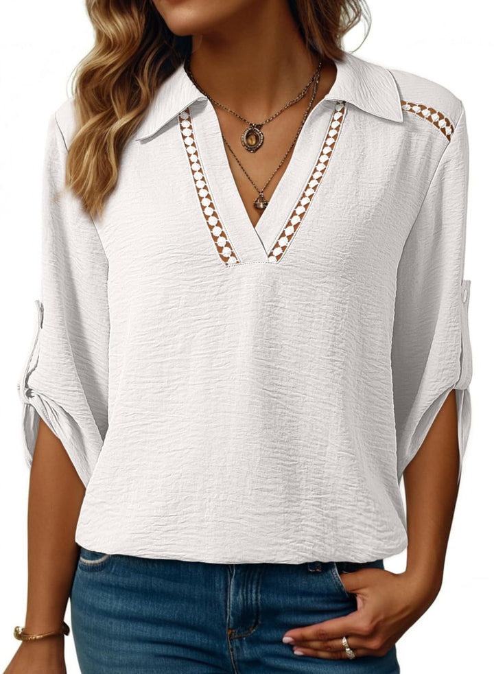 Women's blouse with V-neck, crocheted lace yoke and roll-up three-quarter sleeves Mune Fashion