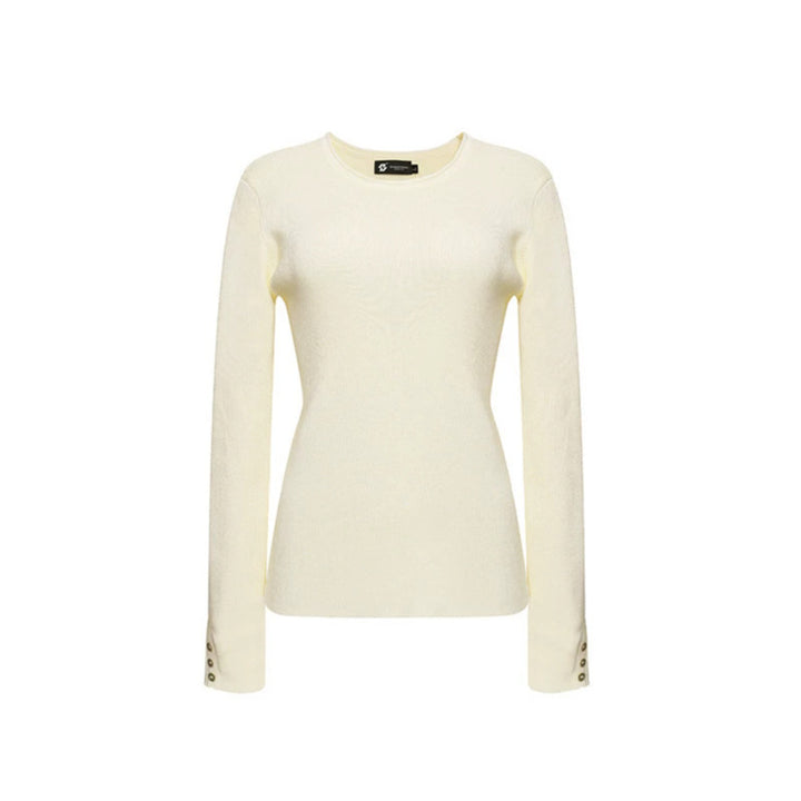 Women's fine knit sweater with round neckline, slim silhouette, and decorative button sleeves Mune Fashion
