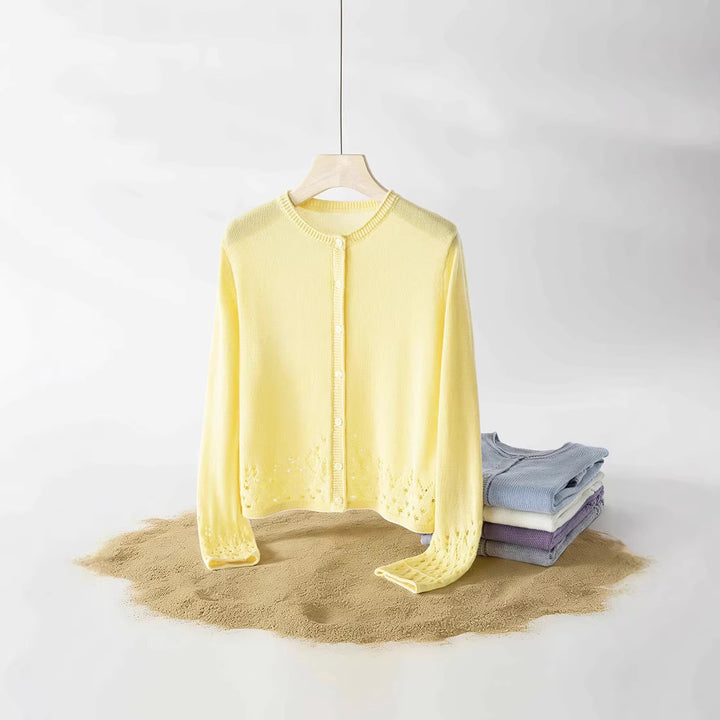 Women Fine Fine Knit Cardigan with Lace Pattern at the Hem and Round Neckline Mune Fashion