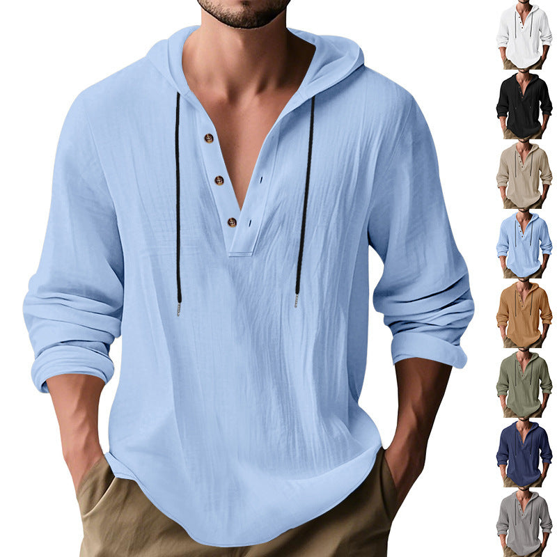 Men's Casual Hooded Henley Linen Blend Overshirt with Drawstring Mune Fashion