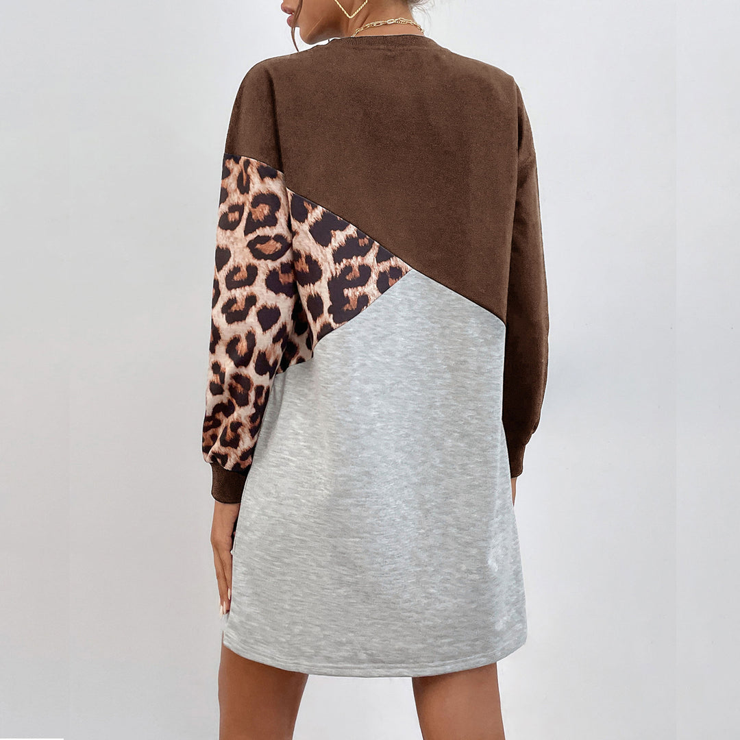 Ladies Oversized Sweat Dress with Color Block Design and Leopard Sleeves Mune Fashion