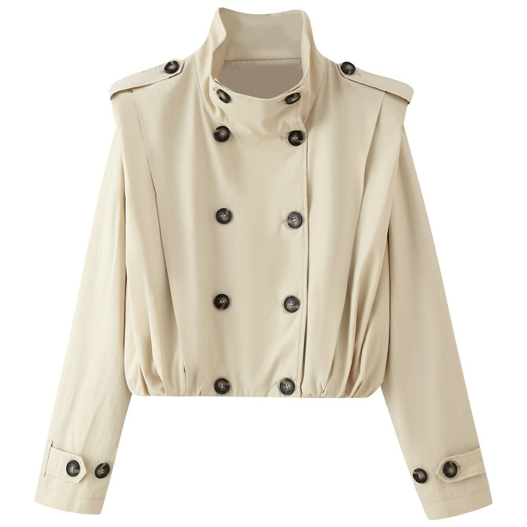 Women's short trench-style jacket, double-breasted with high stand-up collar and waist smocking Mune Fashion