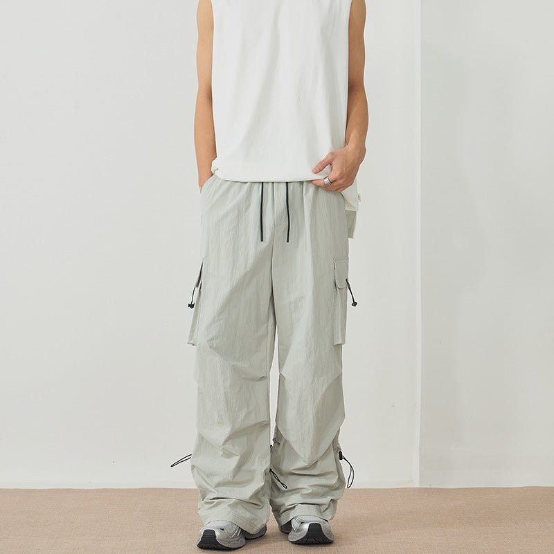 Men's Wide Nylon Cargo Pants with Adjustable Hem Drawstrings and Drawstring Waist Mune Fashion