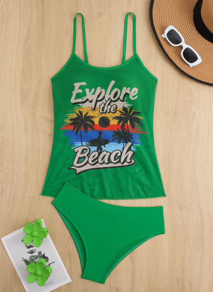 Ladies Tankini Set with sporty graphic design and high-waisted bottoms Mune Fashion