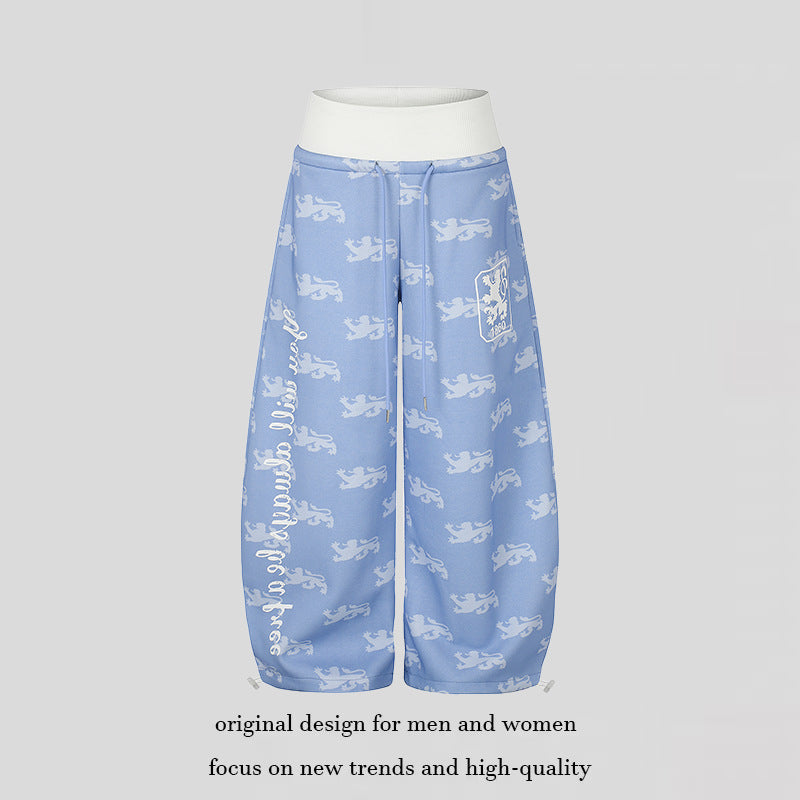 Women's Wide Culotte Palazzo Sweatpants with High Ribbed Waistband, Drawstring and Heraldic Coat of Arms Print Mune Fashion