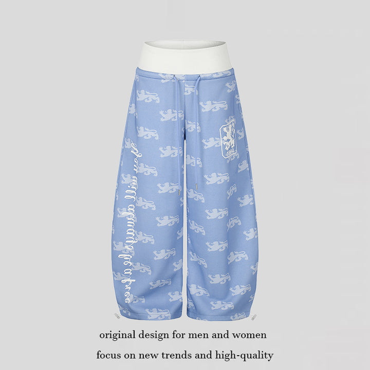 Women's Wide Culotte Palazzo Sweatpants with High Ribbed Waistband, Drawstring and Heraldic Coat of Arms Print Mune Fashion