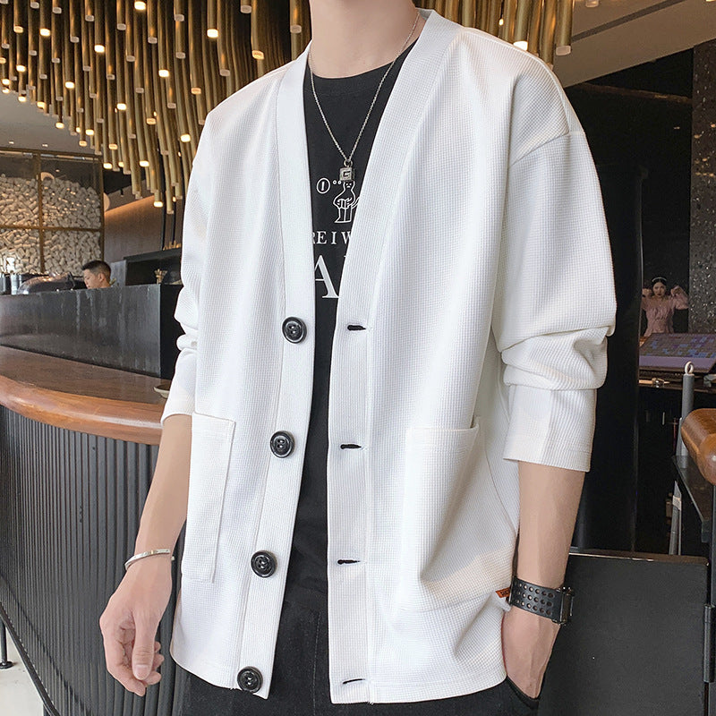 Men's Structured Waffle Knit Short Cardigan with Patch Pockets Mune Fashion