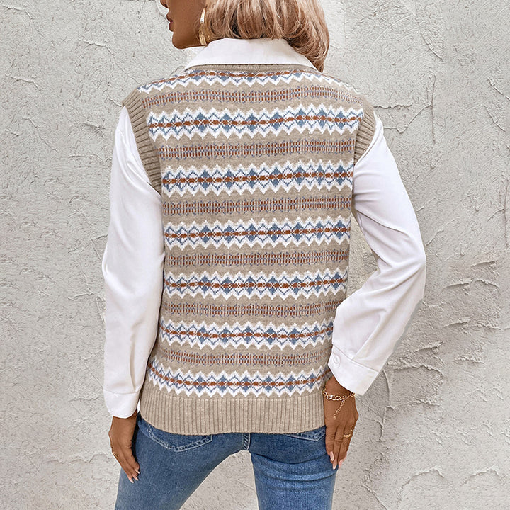 Ladies Fashionable Knit Sweater with V-Neck and Geometric Pattern Mune Fashion
