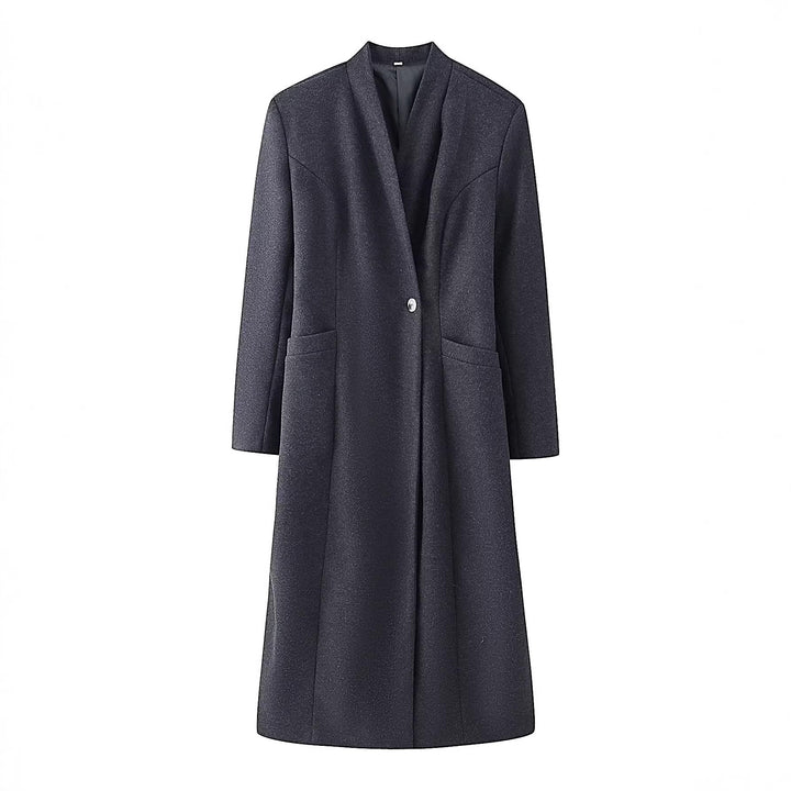 Women's Simple Midi Coat made of Wool Blend with V-Neck, Waist Seams and Side Pockets Mune Fashion