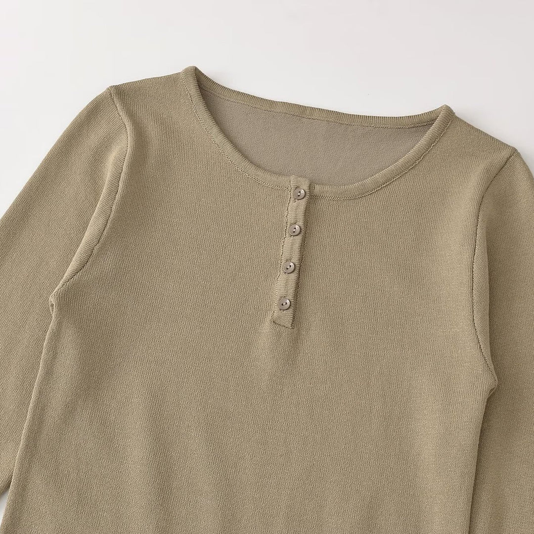 Women's fine knit long sleeve with Henley button placket and flared trumpet sleeves Mune Fashion