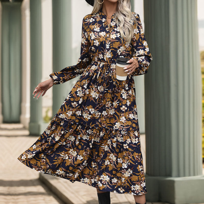 Women Long-Sleeved Midi Dress with Tie Belt, Tiered Hem and Side Slit Mune Fashion