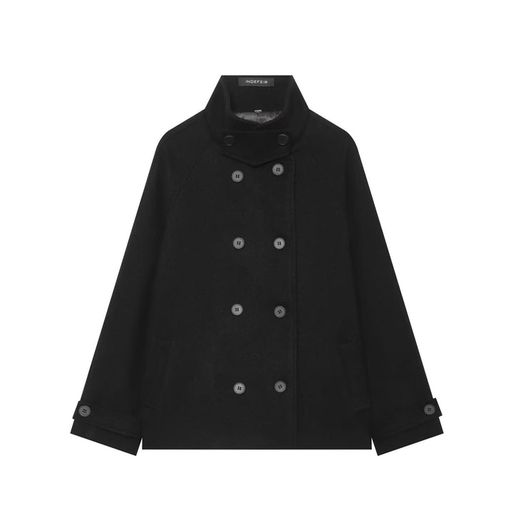 Women's Short Double-Breasted Wool Blend Cape Coat with High Stand Collar Mune Fashion