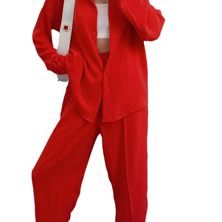 Women's Casual Two-Piece Lounge Set Made of Crêpe with Oversized Shirt and High Elastic Waistband Mune Fashion