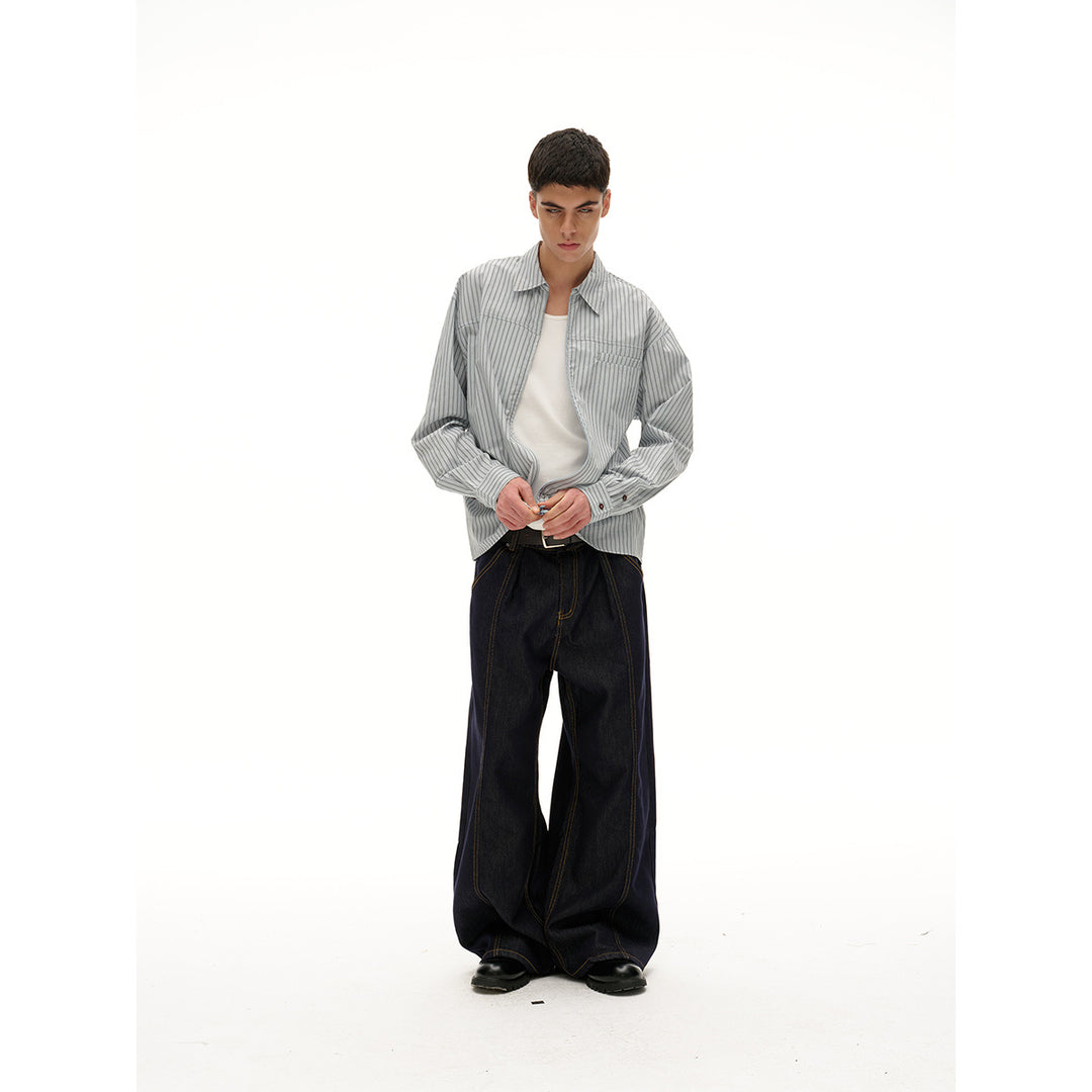 Unisex Lightweight Striped Shirt Jacket with Continuous Zipper and Chest Piped Pocket Mune Fashion