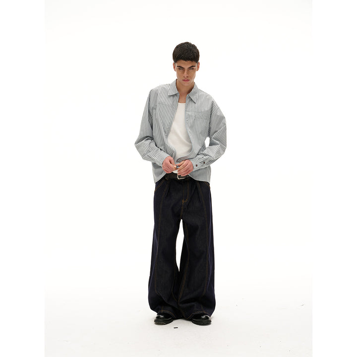 Unisex Lightweight Striped Shirt Jacket with Continuous Zipper and Chest Piped Pocket Mune Fashion