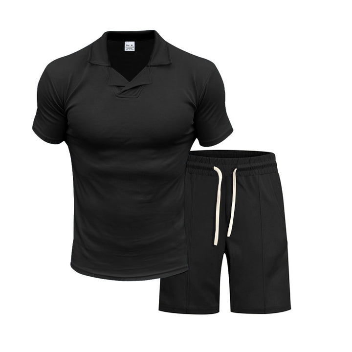 Men's short-sleeved polo lounge set with V-insert at the collar and drawstring bermuda Mune Fashion