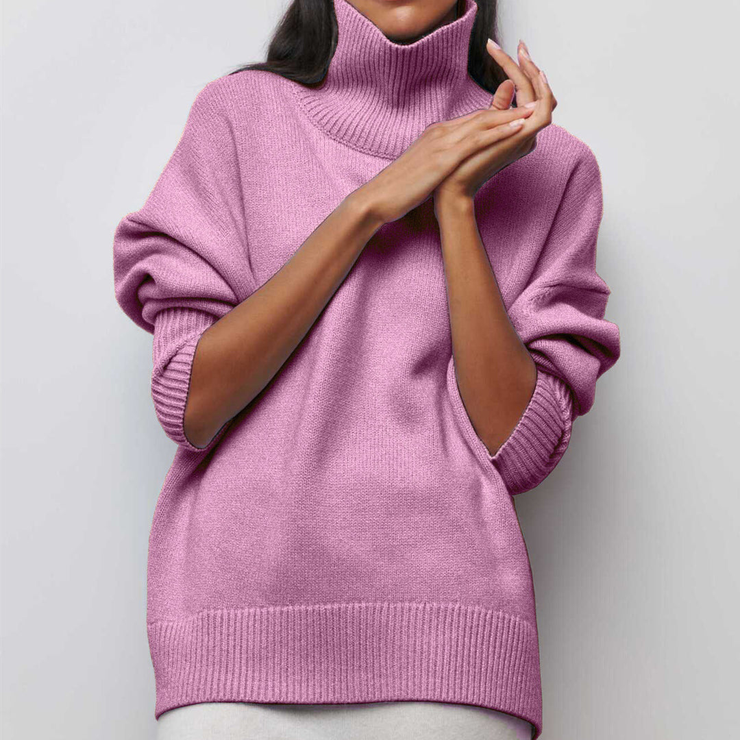 Women Cozy Oversized Turtleneck Sweater with Concealed Side Slits and Extra Long Ribbed Hem Mune Fashion