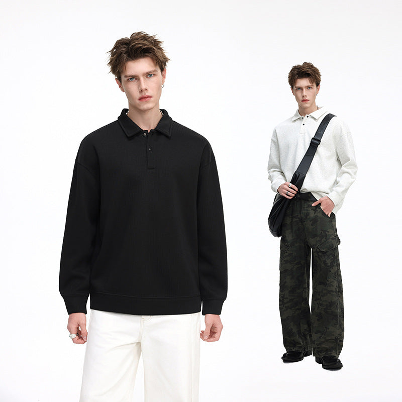 Men's Oversized Waffle Structure Polo Sweater with Half Button Placket and Ribbed Cuffs Mune Fashion