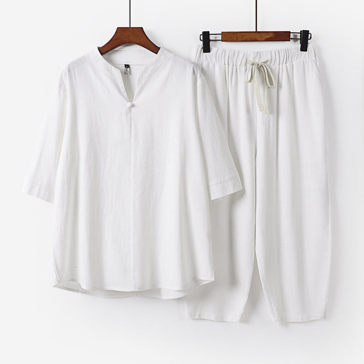 Women Lightweight Linen-Cotton Loungewear Set with Stand Collar, Three-Quarter Sleeves and Elasticated Waist Pants Mune Fashion