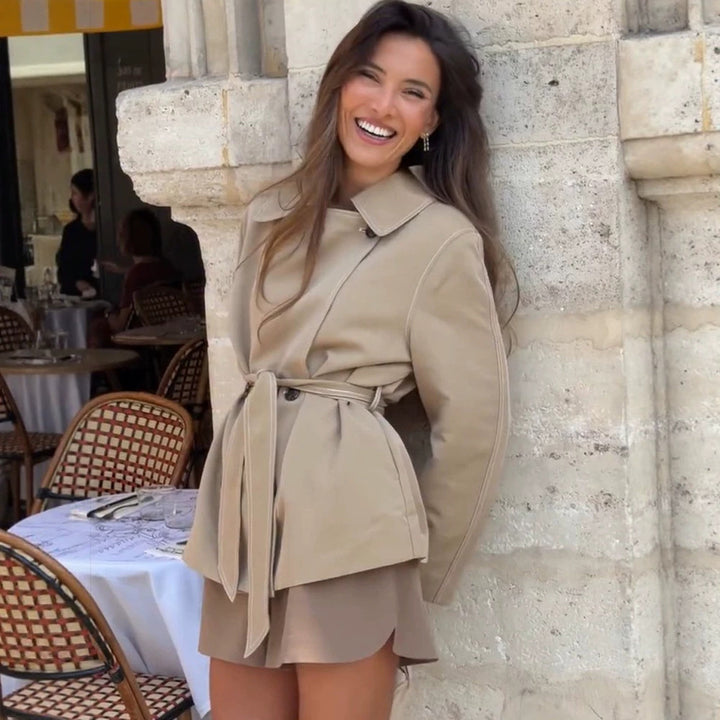 Women Tailored Short Jacket with Belt and Dropped Sleeves Mune Fashion