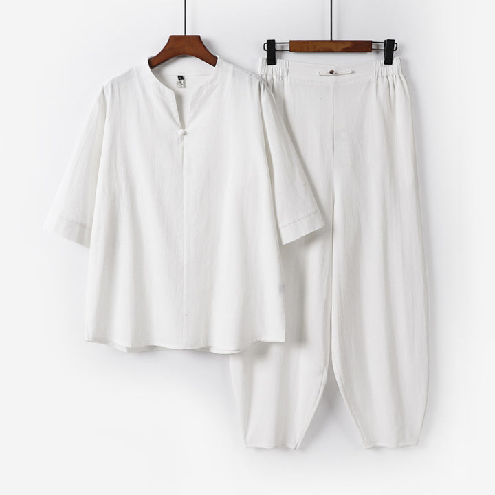 Men's Two-Piece Lightweight Linen-Cotton Set with Mandarin Collar and Elastic Waist Pants Mune Fashion