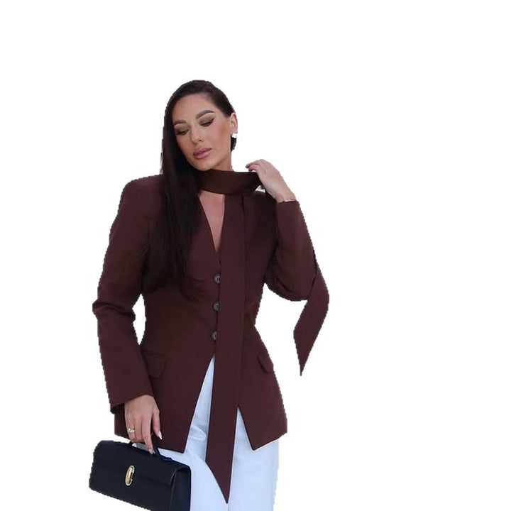 Women's Elegant Tailored Blazer-Pants Set with Integrated Scarf and V-Neck Mune Fashion