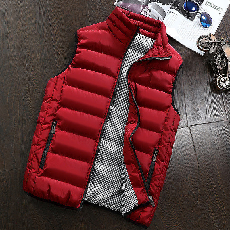 Men's Sleeveless Lightweight Padded Waistcoat with Thermal Lining, Stand Collar, and Checked Inner Lining Mune Fashion