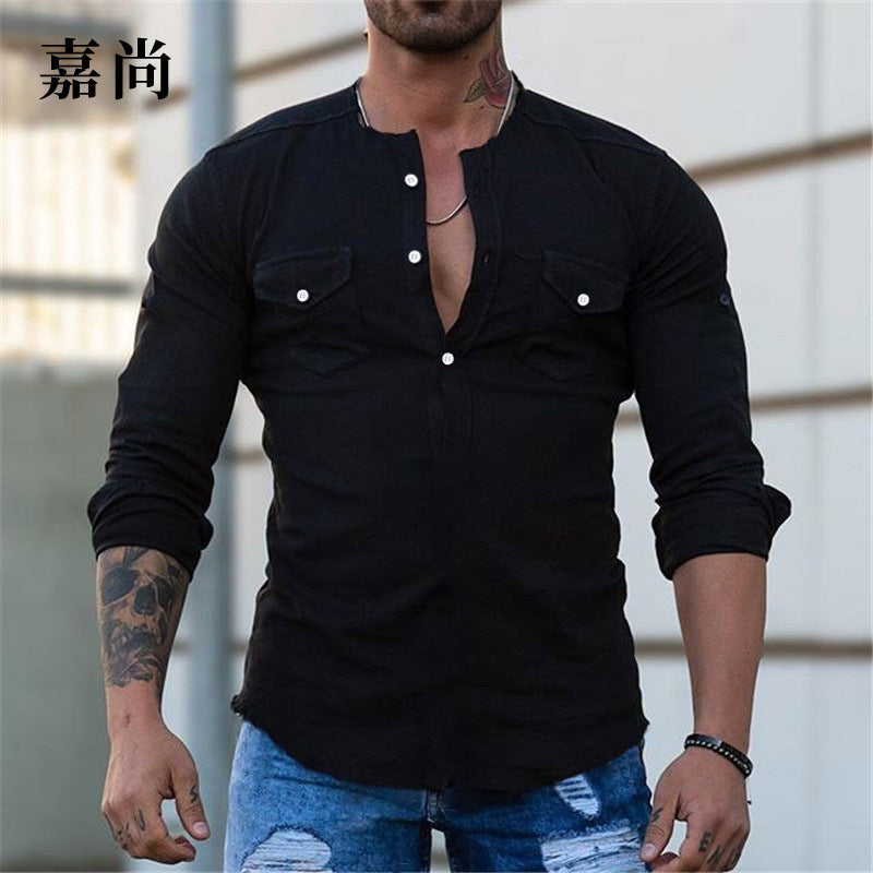 Men's Slim Fit Henley Shirt with Chest Pockets and Half Button Placket Mune Fashion