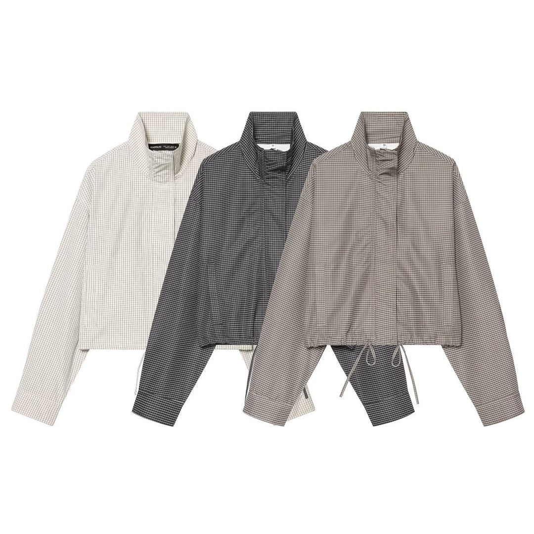 Women Short-Cut Oversized Windbreaker with Stand-Up Collar and Drawstring