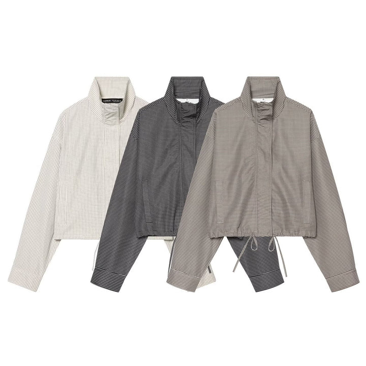 Women Short-Cut Oversized Windbreaker with Stand-Up Collar and Drawstring
