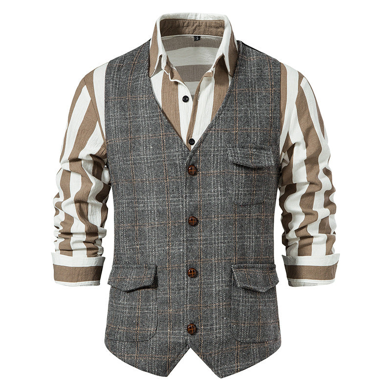 Men's checked wool blend gilet with chest pocket and patch side pockets Mune Fashion