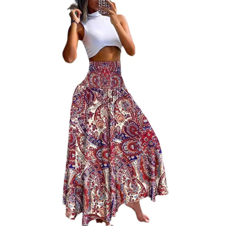 Ladies nan maxi skirt with high smocked waist and flowing boho pleated look Mune Fashion