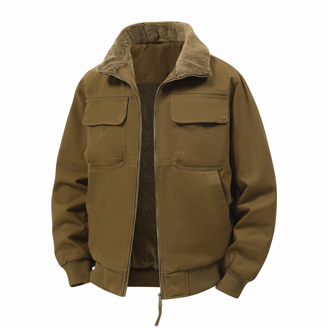 Men's thermo bomber jacket in field style with teddy collar, patch chest pockets & zipper closure